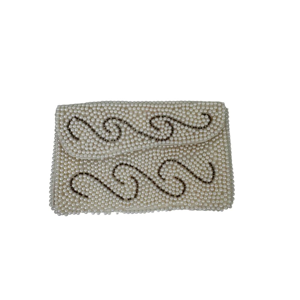 VINTAGE Bags By Susan White Handbag Pearl Beaded Wedding Party Clutch Wallet